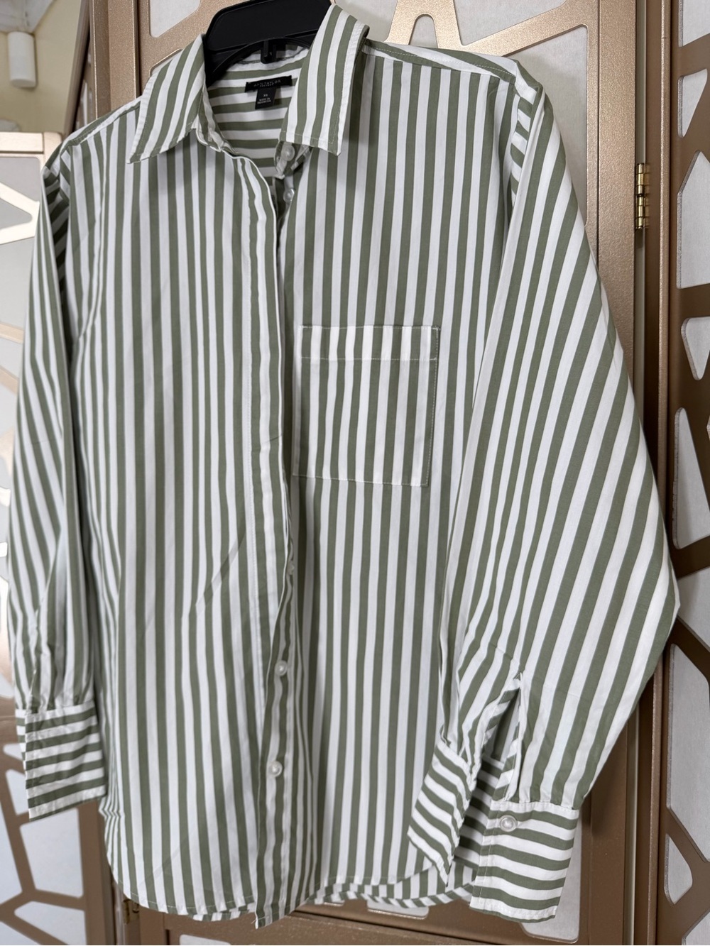 Ann Taylor Striped Olive Green and White Cotton Button-Down Shirt